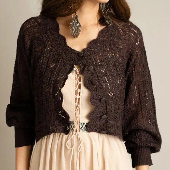 Joyfolie Jelina Button Down High Low Crochet Sweater in Black Coffee NWT - XS - Picture 2 of 8